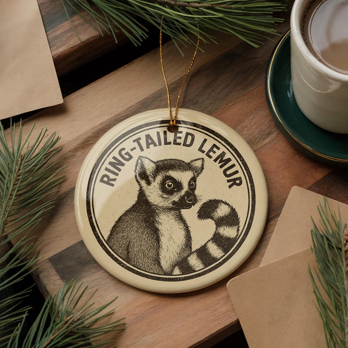 A circular ornament featuring a lemur, with the text "RING-TAILED LEMUR" printed on it, is displayed on a wooden surface alongside a cup of coffee and some pine branches.