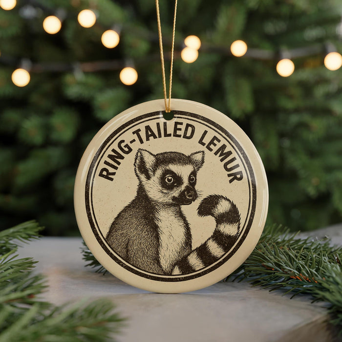 A round ornament featuring a lemur, with the text "RING-TAILED LEMUR" printed on it.