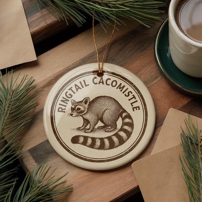 A round ornament featuring a raccoon on a wooden surface, with a cup of coffee and pine branches in the background.