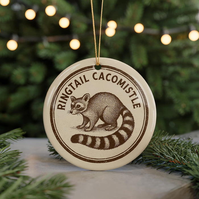 A round ornament featuring a raccoon silhouette and the text "Ringtail Cacomistle" is displayed on a Christmas tree branch.