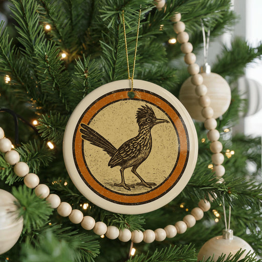 A Christmas tree decorated with ornaments, including a circular ornament featuring a bird illustration.