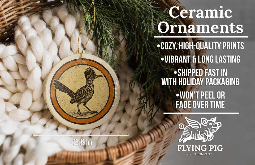 Ceramic ornaments, featuring a bird design, are displayed in a woven basket.