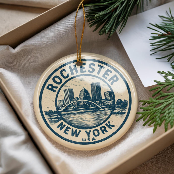 A decorative ornament with the text "Rochester New York" and a cityscape illustration, hanging from a string.