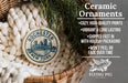 a ceramic ornament hanging from a wicker basket, with a description of the ornament and its features.