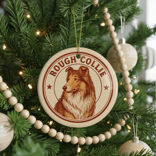 A Christmas tree decorated with ornaments, including a circular ornament with a collie image and the text "ROUGH COLLIE" on it.
