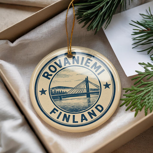 A circular ornament with the text "ROVANIEMI FINLAND" printed on it, hanging from a string.