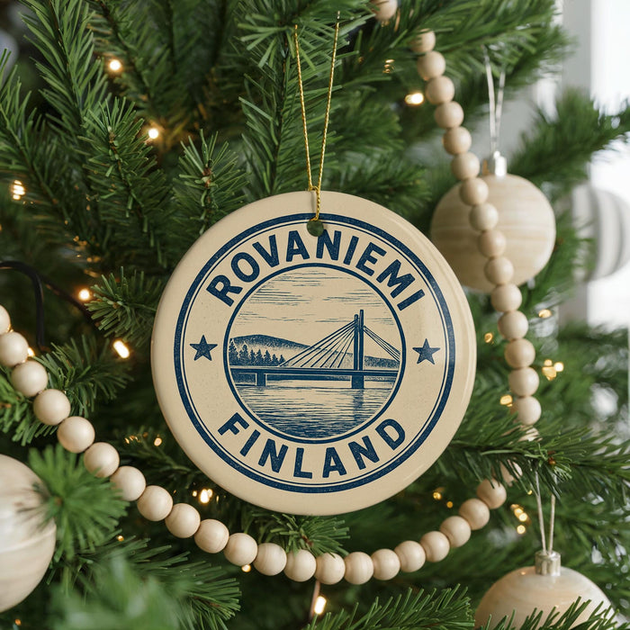 A circular ornament on a Christmas tree with the text "ROVANIEMI FINLAND" printed on it.