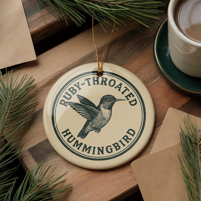 A round ornament with the text "RUBY-THROATED HUMMINGBIRD" and an illustration of a hummingbird is displayed on a wooden surface, accompanied by pine branches and a cup of coffee.