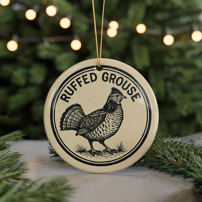 A round ornament with a black and white illustration of a bird, likely a grouse, and the text "RUFFED GROUSE" on it, hanging from a string.