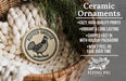 Ceramic ornaments, featuring a ceramic pheasant ornament with a textured design, hanging in a woven basket with pine branches.