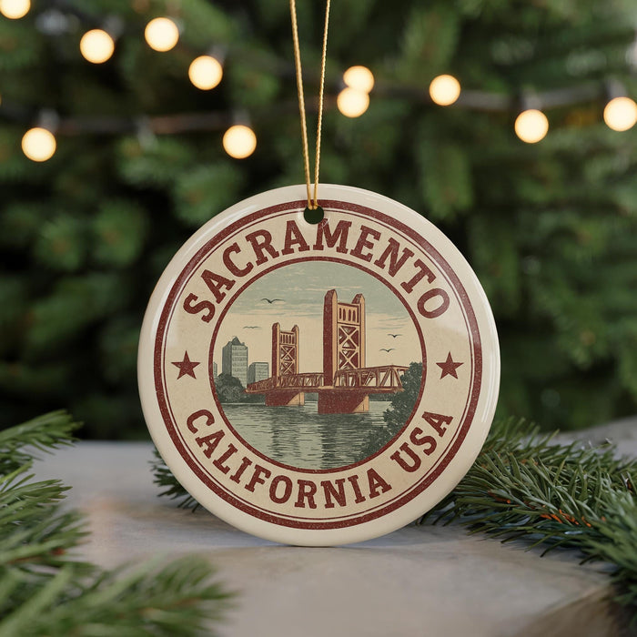 A circular ornament with the text "SACRAMENTO, CALIFORNIA USA" and an illustration of the Golden Gate Bridge, hanging from a string.