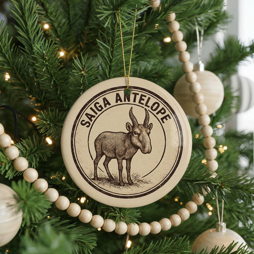 A Christmas tree decorated with ornaments, including a circular ornament with a goat illustration and the text "SAIGA ANTELOPE".