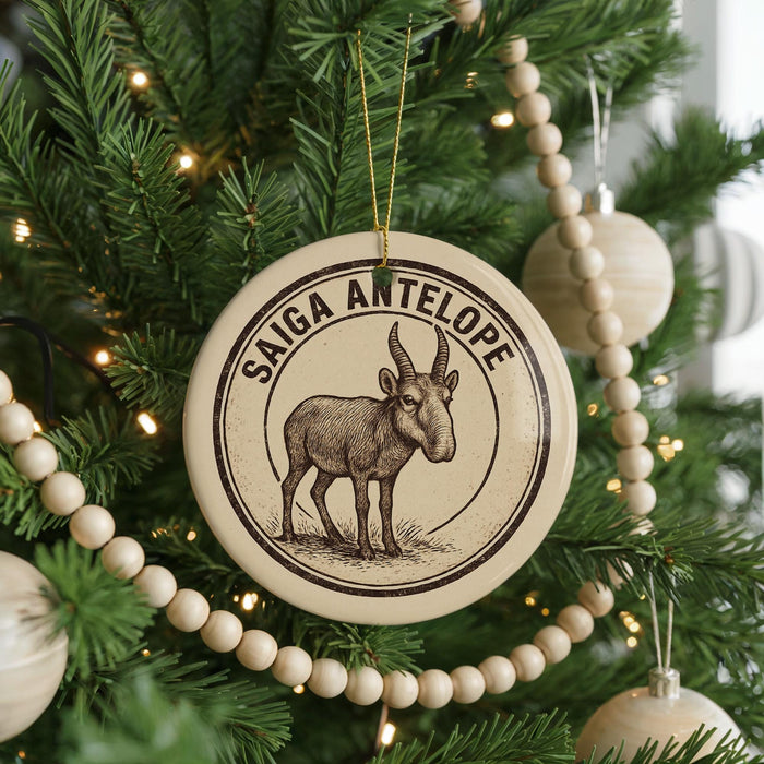 A Christmas tree decorated with ornaments, including a circular ornament with a goat illustration and the text "SAIGA ANTELOPE".