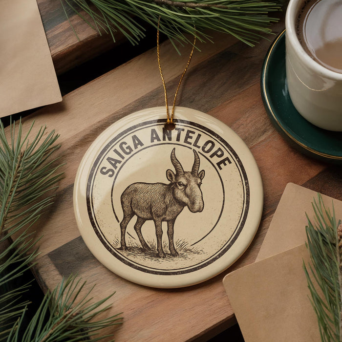 a round ornament with a drawing of a goat, hanging on a wooden surface.