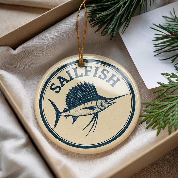 A round ornament with the word "SAILFISH" printed on it, featuring a graphic of a sailfish. The ornament is hanging from a string and is placed inside a box with pine branches visible.