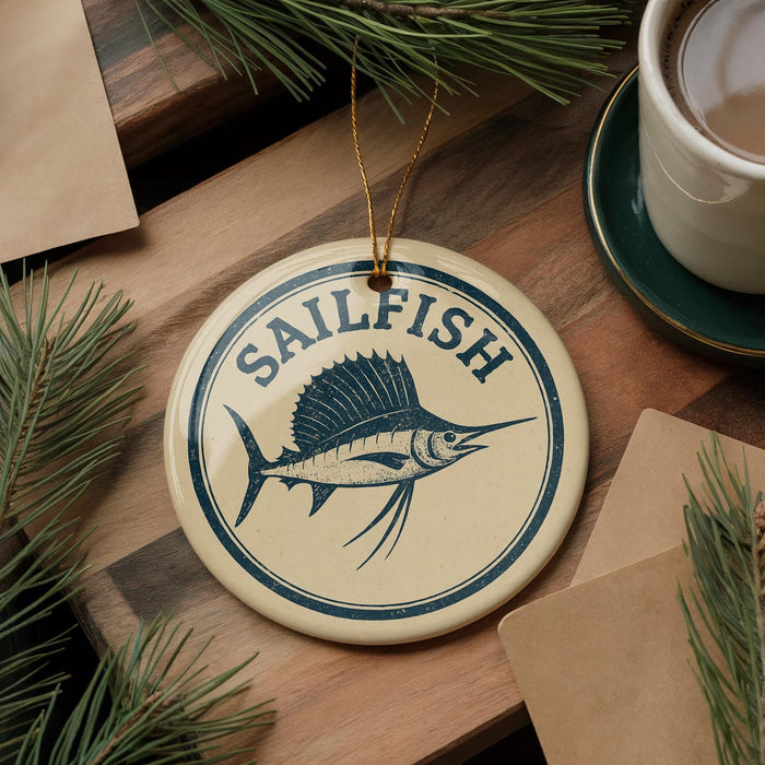 a round ornament with the word "SAILFISH" on it, surrounded by pine branches and a cup of coffee on a wooden surface.