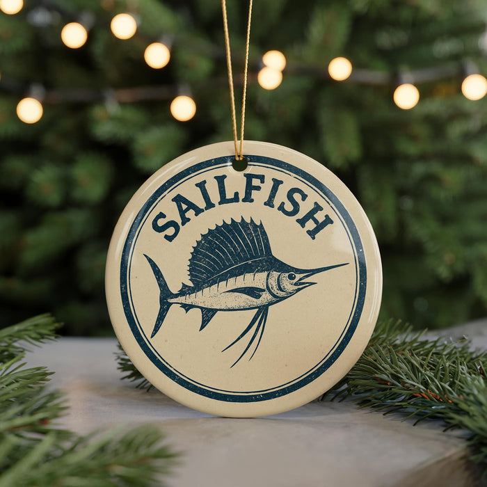 A round ornament with the word "SAILFISH" and a graphic of a sailfish is displayed in front of a Christmas tree with twinkling lights.