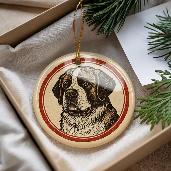 A round ornament featuring a dog's portrait is displayed in a box, surrounded by pine branches.