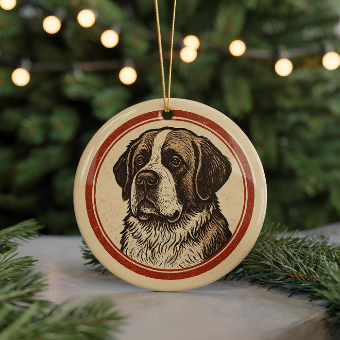 A round ornament featuring a detailed illustration of a dog's face, with a red border around the image.
