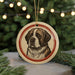 A round ornament featuring a detailed illustration of a dog's face, with a red border around the image.