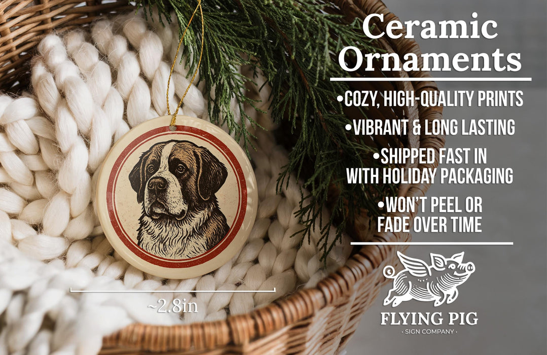 Ceramic ornaments, featuring a dog illustration, are displayed in a wicker basket.