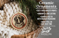 Ceramic ornaments, featuring a dog illustration, are displayed in a wicker basket.