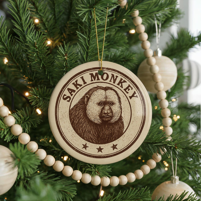 A Christmas tree decorated with ornaments, including a circular ornament with a monkey image and the text "SAKI MONKEY" on it.