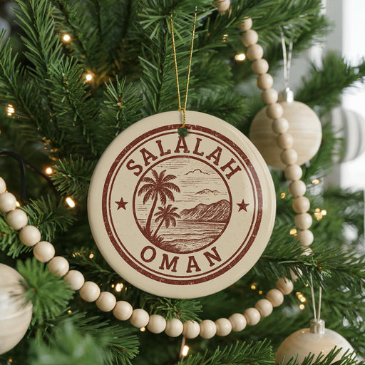 A Christmas tree decorated with ornaments, including a circular ornament with the text "Salalah Oman" and a palm tree design.