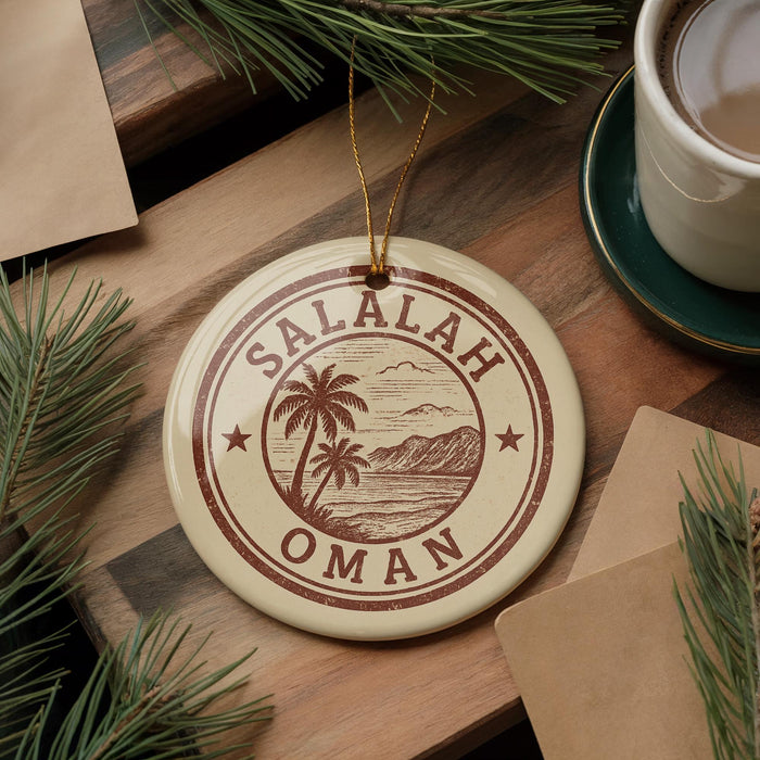 A circular ornament with the text "SALALAH OMAN" printed on it, surrounded by pine branches and a cup of coffee on a wooden surface.