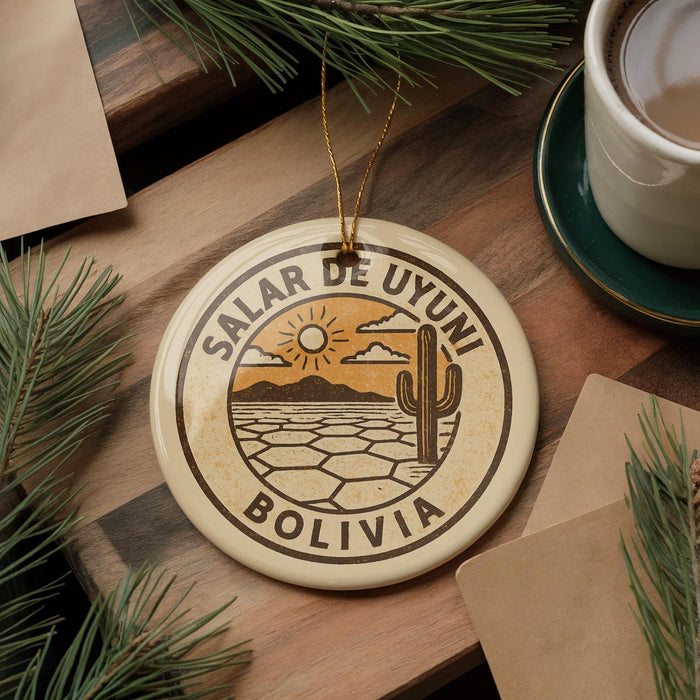 A circular ornament with the text "Salar de Uyuni Bolivia" and an illustration of a desert landscape with a cactus. The ornament is hanging from a string and is placed on a wooden surface, surrounded by pine branches and a cup of coffee.