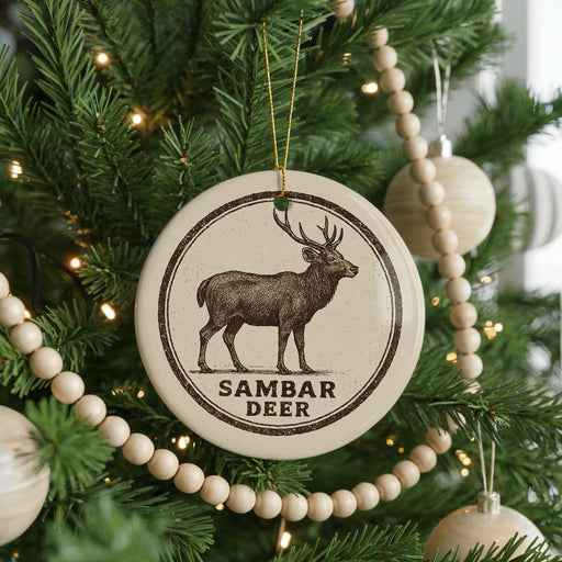 A Christmas tree decorated with ornaments, including a circular ornament with a deer image and the text "SAMBAR DEER".