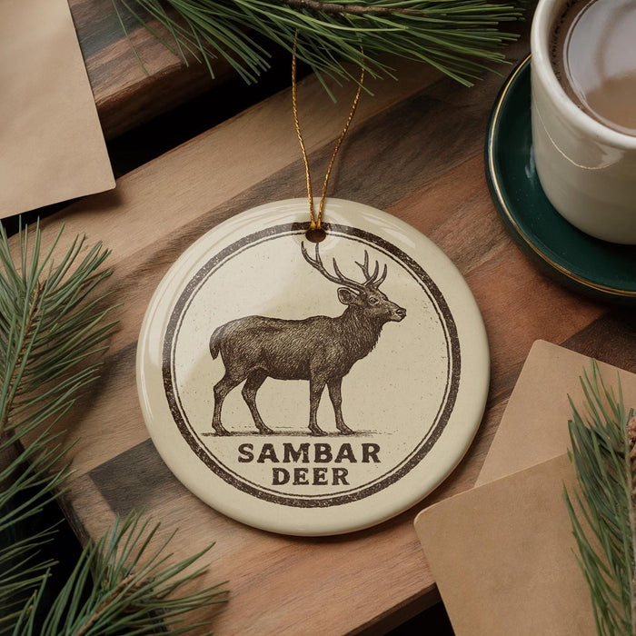 a decorative ornament with a deer illustration, placed on a wooden surface alongside a cup of coffee and some pine branches.
