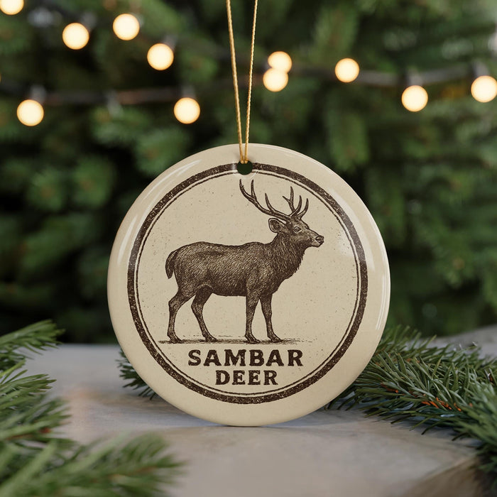 A ceramic ornament featuring a deer with antlers, with the text "SAMBAR DEER" printed on it, is displayed in front of a Christmas tree with twinkling lights.