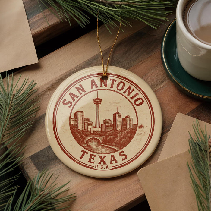 A circular ornament with the text "SAN ANTONIO TEXAS" and a cityscape illustration, hanging on a string. The ornament is placed on a wooden surface, surrounded by pine branches and a cup of coffee.