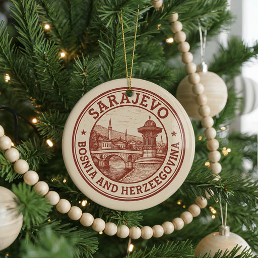 A round ornament on a Christmas tree, featuring the text "SARAJEVO BOSNIA AND HERZEGOVINA" and an illustration of a bridge.