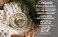 Ceramic ornaments, specifically a Sardinia Italy ornament, are displayed in a woven basket. The ornament features a lighthouse and a coastal landscape. The text highlights the ornament's features, such as being cozy, high-quality, vibrant, and long-lasting, and mentions that it is shipped fast in holiday packaging, won't peel, and fades over time.