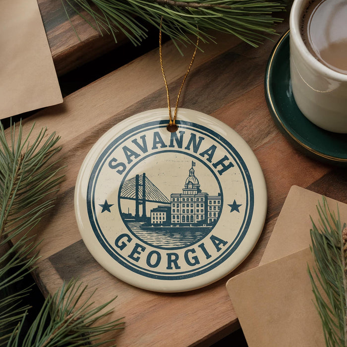 A decorative ornament with the text "SAVANNAH GEORGIA" printed on it, surrounded by pine branches and a cup of coffee on a wooden surface.