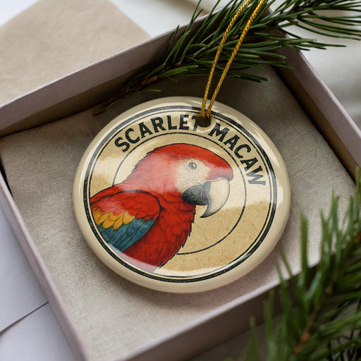 A round ornament featuring a parrot, specifically a red macaw, is displayed in a box with pine branches.