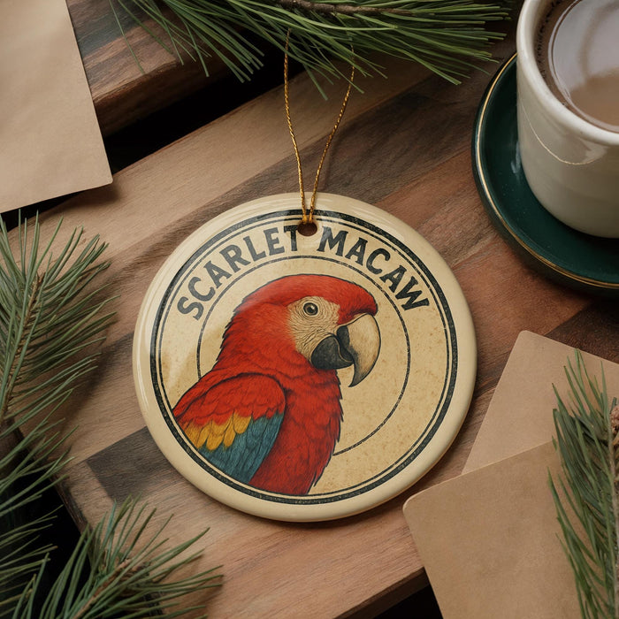A ceramic ornament featuring a red parrot is displayed on a wooden surface, accompanied by a cup of coffee and some pine branches.