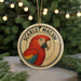 A round ornament featuring a red parrot, with the text "SCARLET MACAW" around the bird's head.
