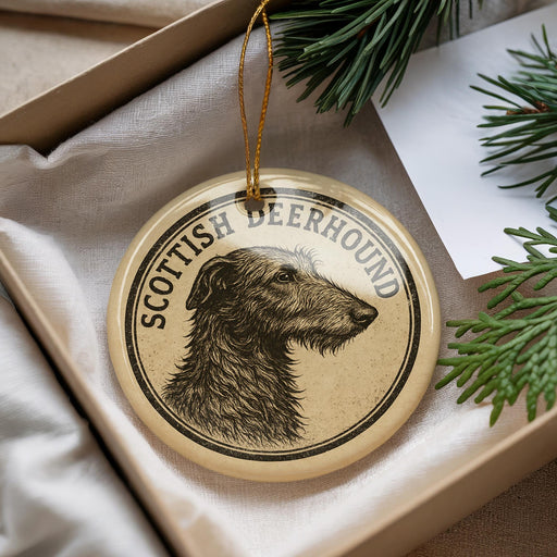 A decorative ornament featuring a Scottish Deerhound dog's head, with the text "SCOTTISH DEERHOUND" printed on it.