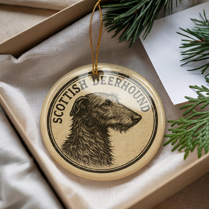 A decorative ornament featuring a Scottish Deerhound dog's head, with the text "SCOTTISH DEERHOUND" printed on it.