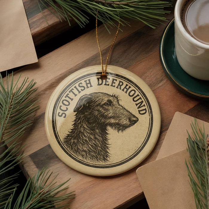A circular ornament featuring a Scottish Deerhound dog's head, with the text "SCOTTISH DEERHOUND" printed on it, is displayed on a wooden surface alongside a cup of coffee and some pine branches.