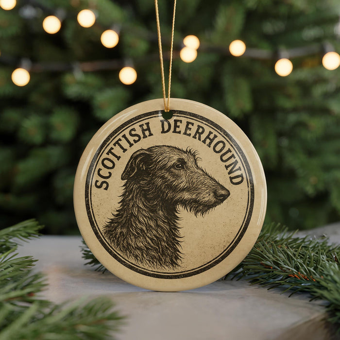 A circular ornament featuring a close-up of a Scottish Deerhound dog's head, with the text "SCOTTISH DEERHOUND" printed on it.