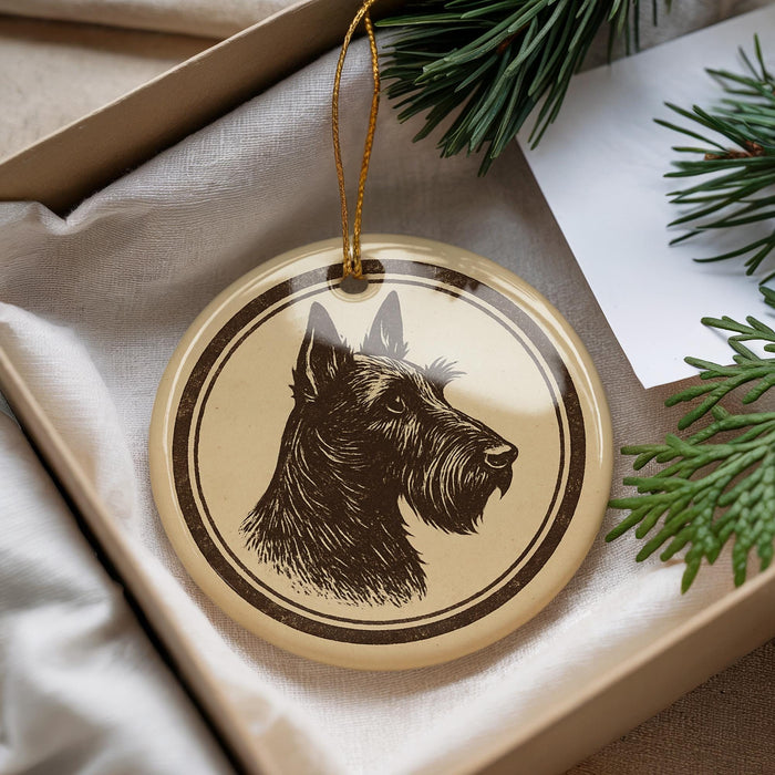 A round ornament featuring a black and white illustration of a dog's head is displayed in a box, surrounded by pine branches.