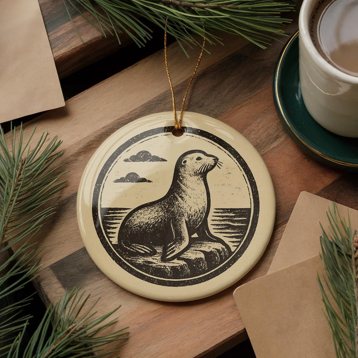 A round ornament featuring a seal sitting on a rock, surrounded by pine branches and a cup of coffee on a wooden surface.