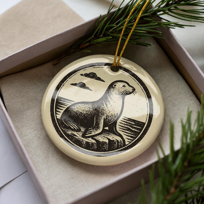 A decorative ornament featuring a seal or sea lion, with a circular design and a string attached to it, placed inside a box with pine branches.