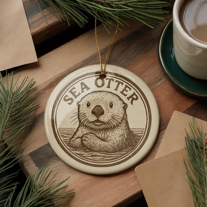 A decorative ornament featuring a sea otter is displayed on a wooden surface, accompanied by a cup of coffee and pine branches.