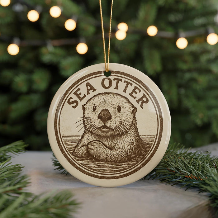 A round ornament featuring a sea otter, with the text "SEA OTTER" printed on it, is displayed in front of a blurred background with Christmas lights.