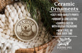 Ceramic ornaments featuring a sea otter, with text describing the ornaments as cozy, high-quality prints, vibrant, long-lasting, and shipped fast in holiday packaging.